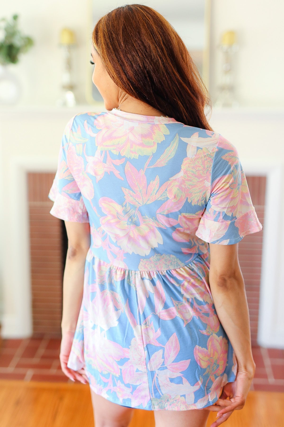 Seize The Day Blue & Pink Babydoll Ruffle Sleeve Top