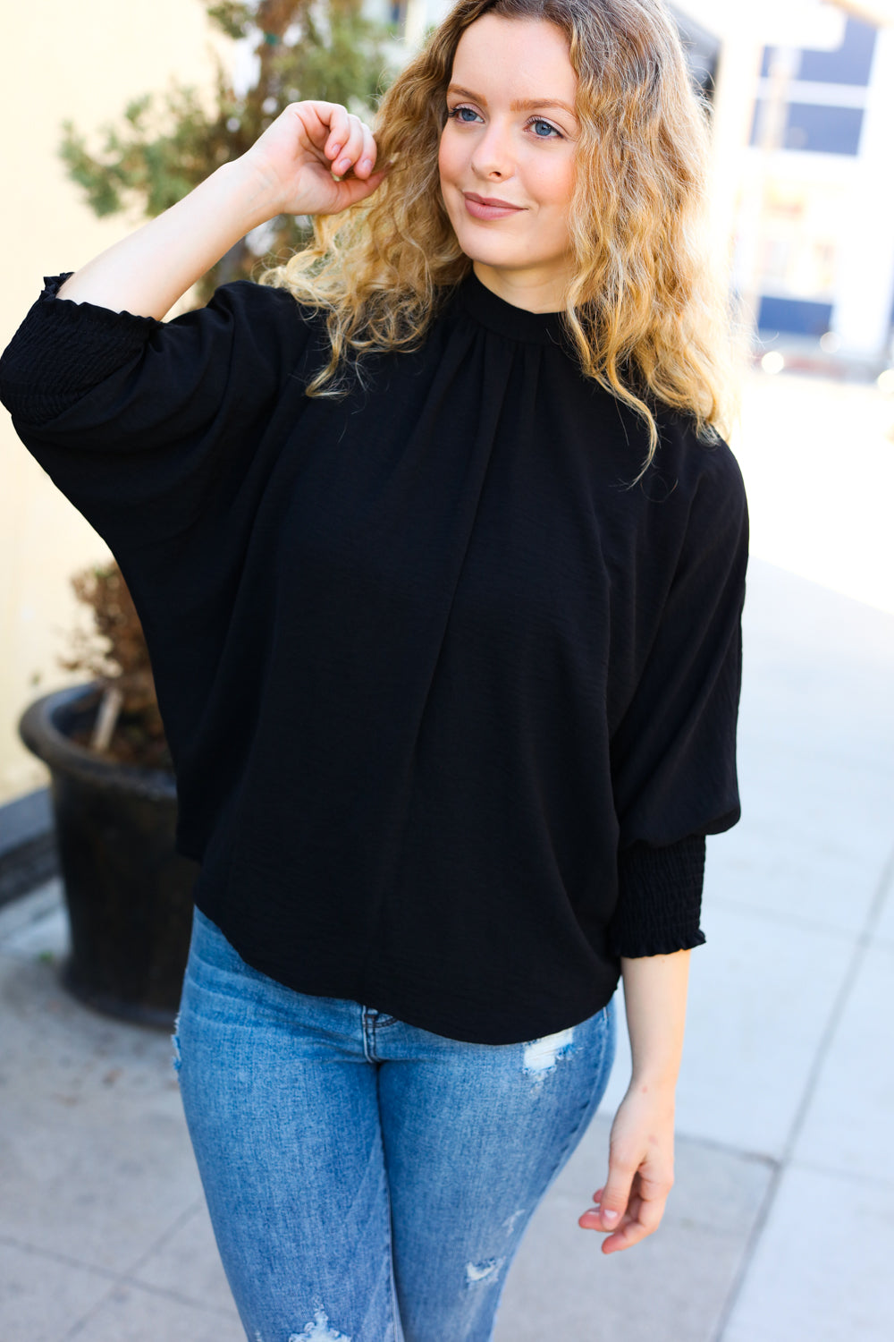 Black Smocked Three Quarter Sleeve Tie Back Top -SALE-