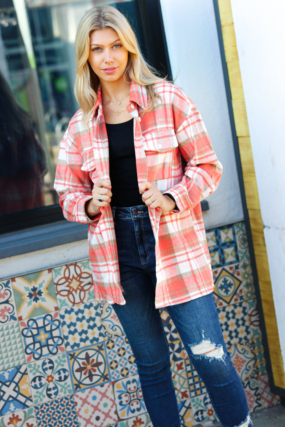 Orange Plaid Flannel Button Down Shacket -SALE-