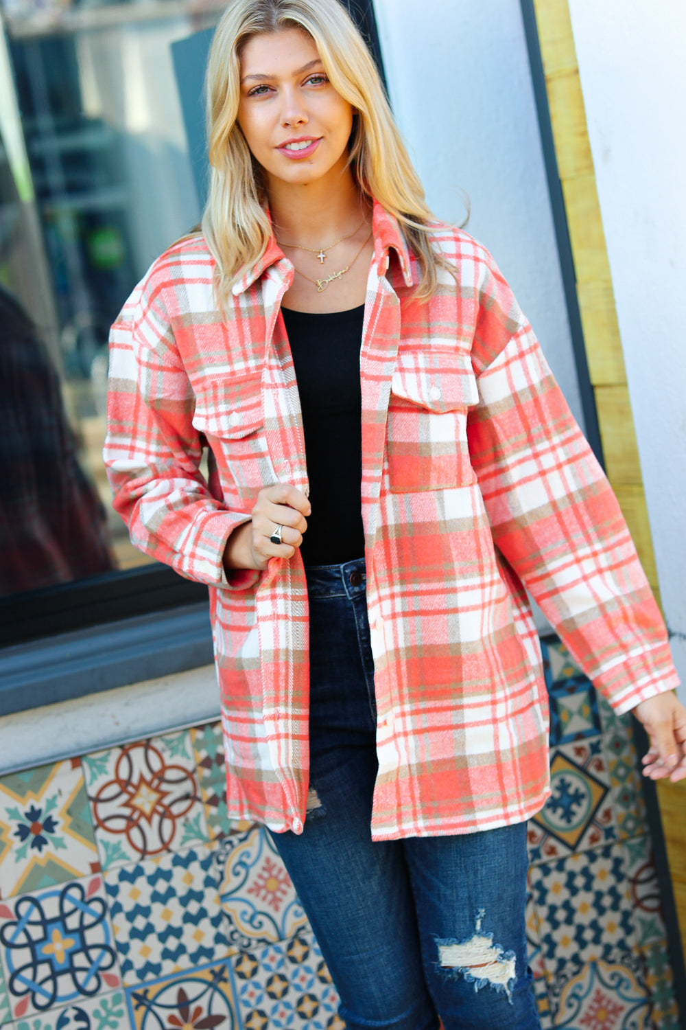 Orange Plaid Flannel Button Down Shacket -SALE-