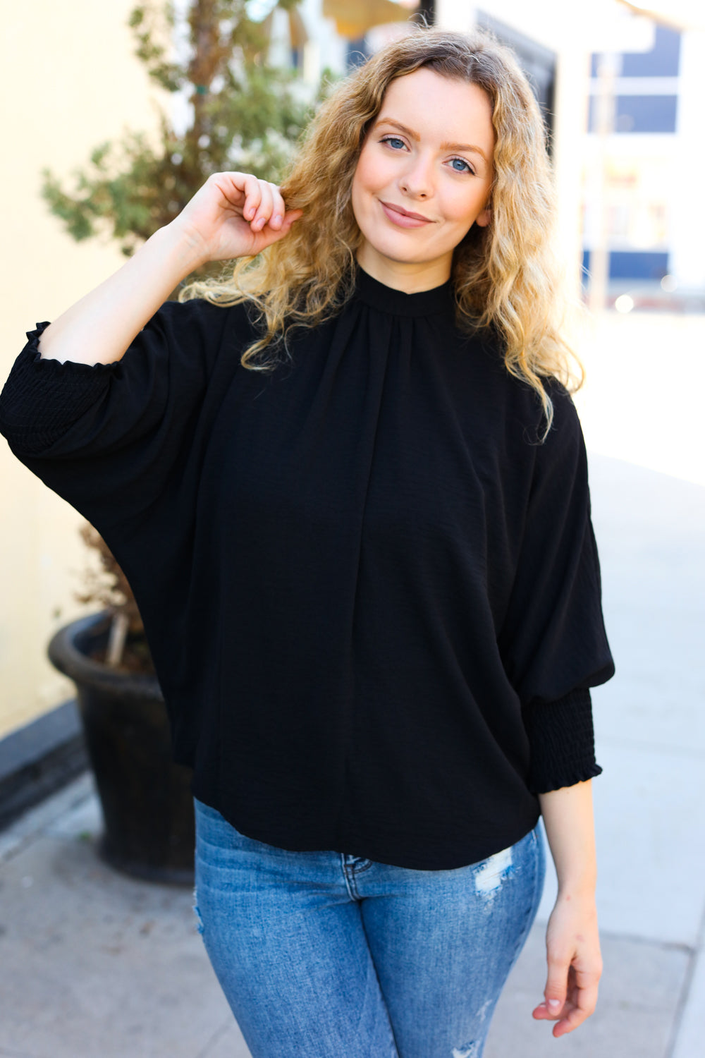 Black Smocked Three Quarter Sleeve Tie Back Top -SALE-