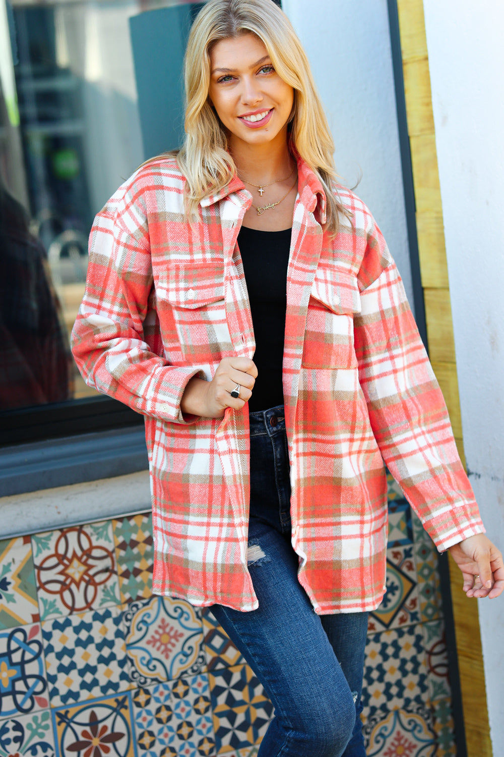 Orange Plaid Flannel Button Down Shacket -SALE-