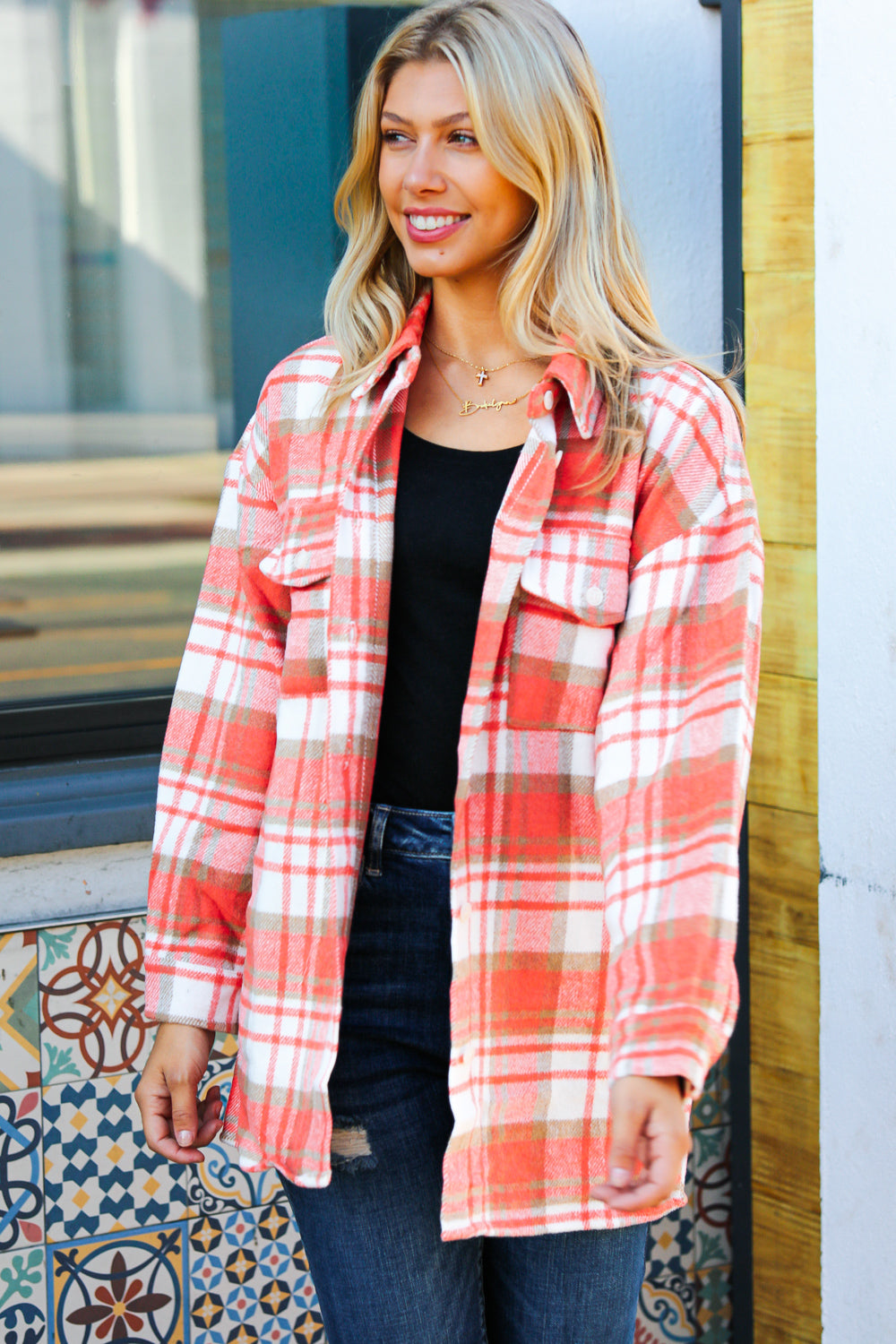 Orange Plaid Flannel Button Down Shacket -SALE-