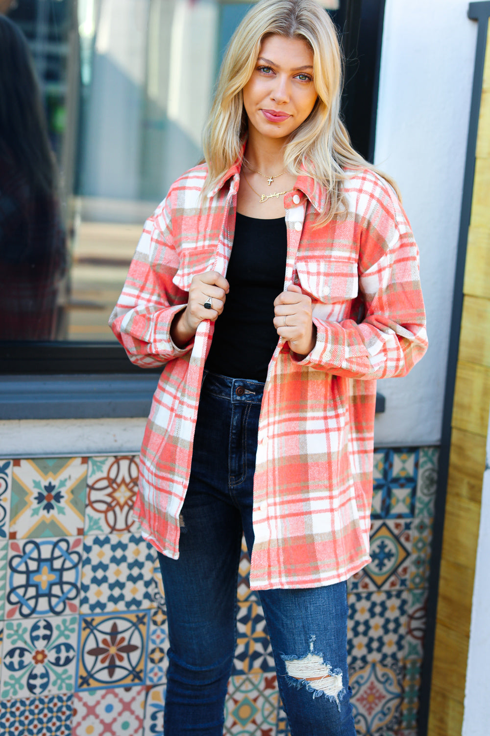 Orange Plaid Flannel Button Down Shacket -SALE-