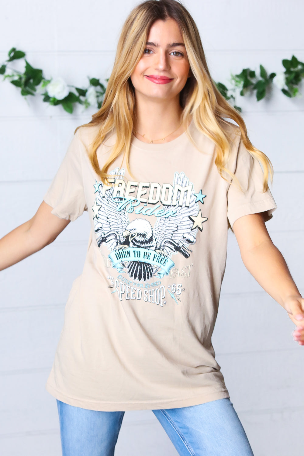 Oatmeal Cotton Freedom Rider Graphic Tee -SALE-