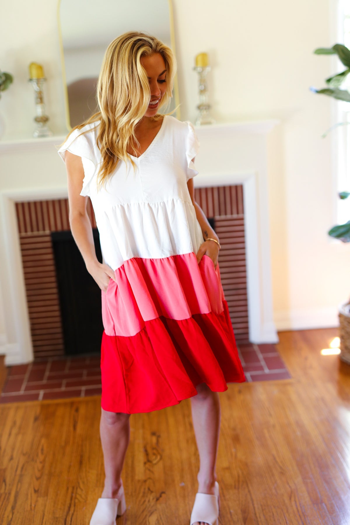 Peach & Cherry Red Tiered Frill Sleeve Midi Dress -SALE-