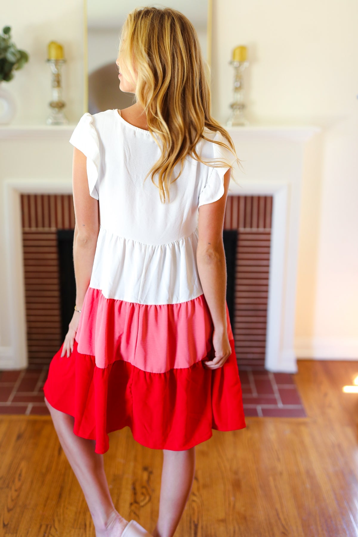 Peach & Cherry Red Tiered Frill Sleeve Midi Dress -SALE-