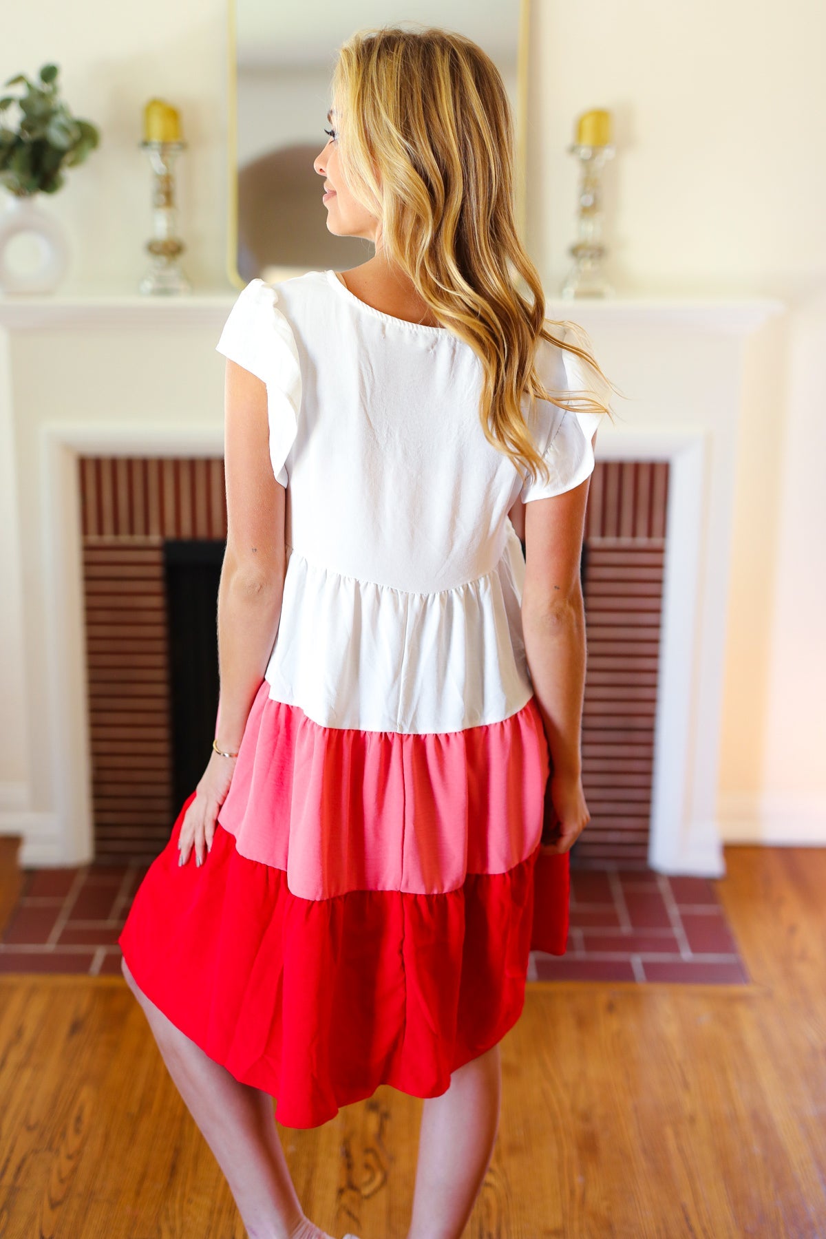 Peach & Cherry Red Tiered Frill Sleeve Midi Dress -SALE-