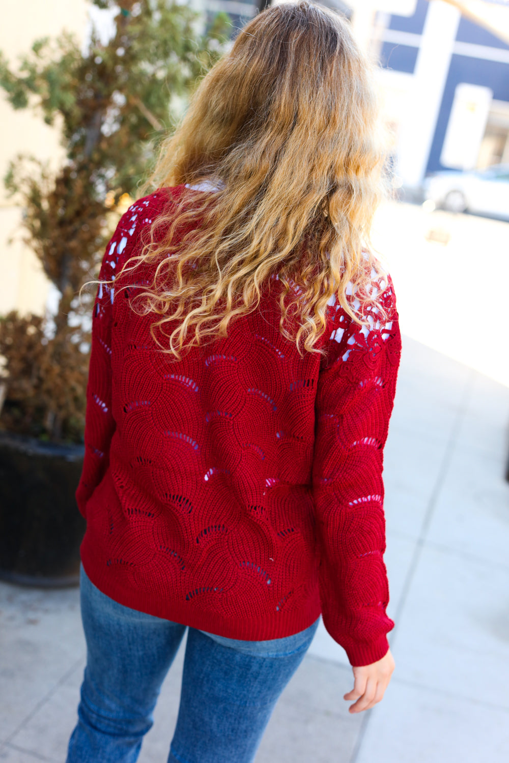 Holiday Casual Chic Burgundy Pointelle Lace Shoulder Knit Sweater