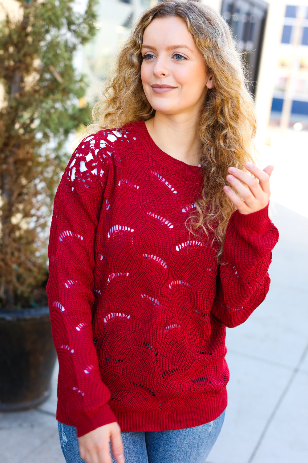 Holiday Casual Chic Burgundy Pointelle Lace Shoulder Knit Sweater