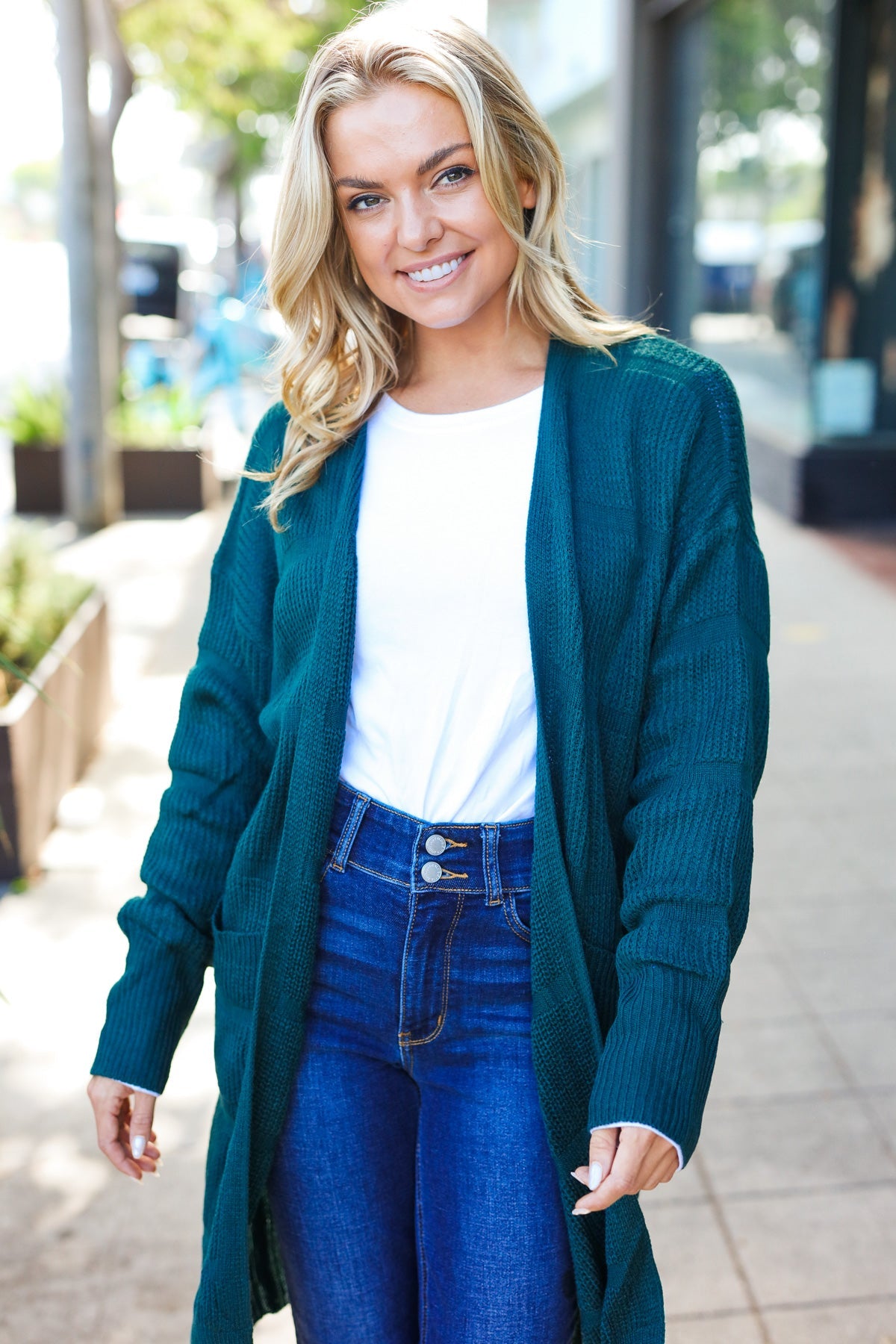 Hunter Green Striped Knit Open Cardigan