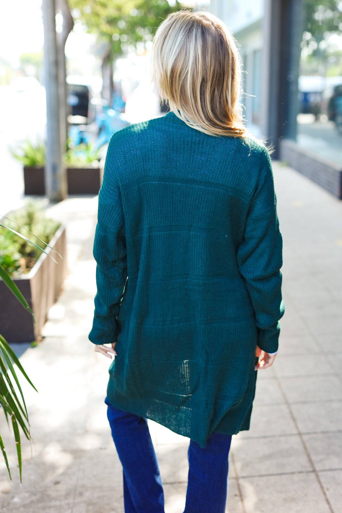 Hunter Green Striped Knit Open Cardigan