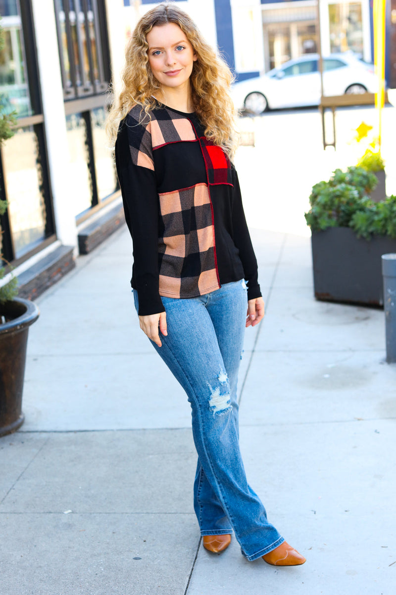Run With It Red & Fawn Plaid Color block Outseam Top