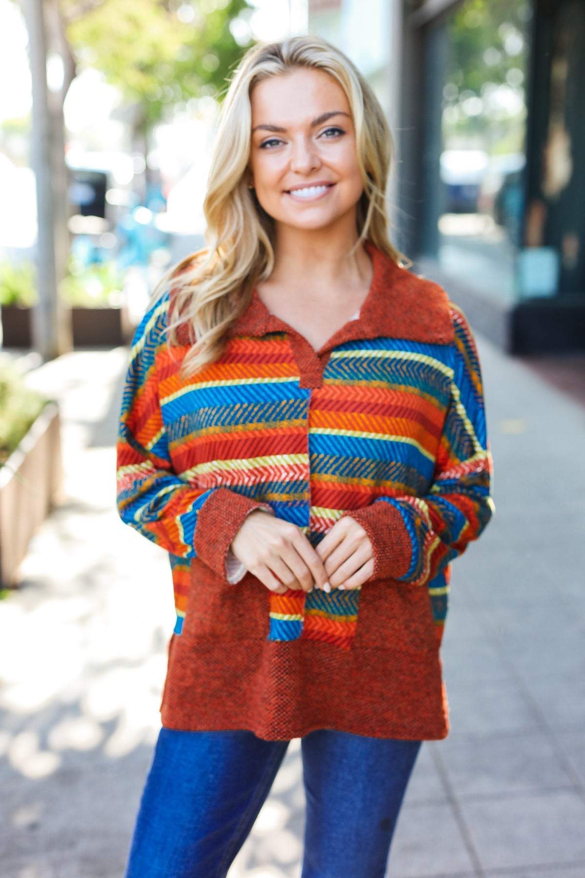 Rust & Teal Striped Two Tone Knit Pocketed Top