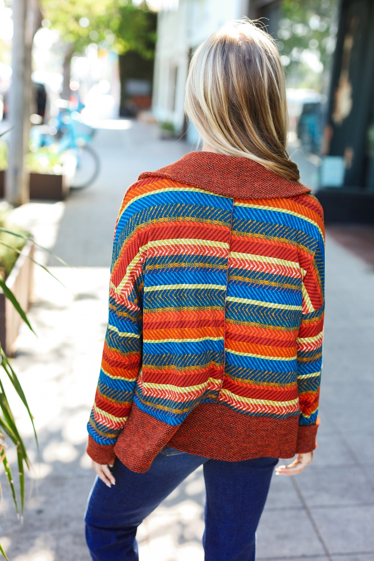 Rust & Teal Striped Two Tone Knit Pocketed Top