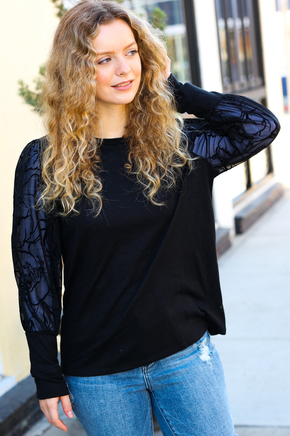 Black Floral Mesh Bubble Sleeve Top -SALE-