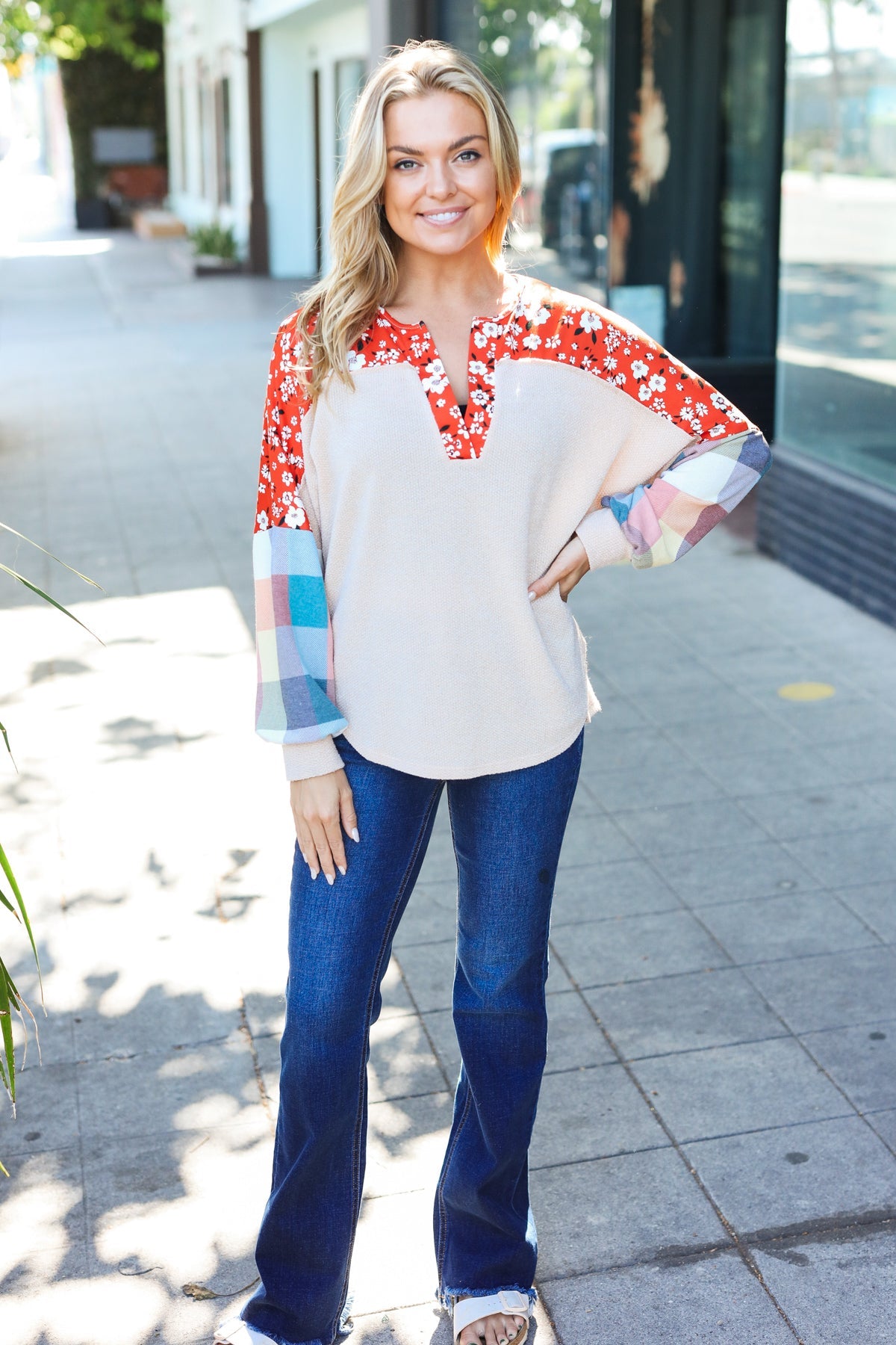 Rust & Oatmeal Plaid Floral Color Block Top -SALE-