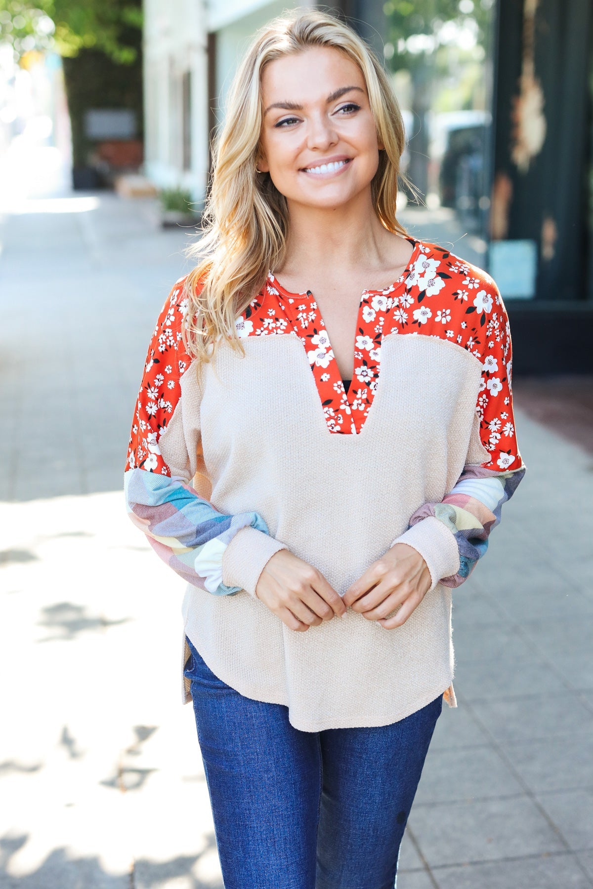 Rust & Oatmeal Plaid Floral Color Block Top -SALE-