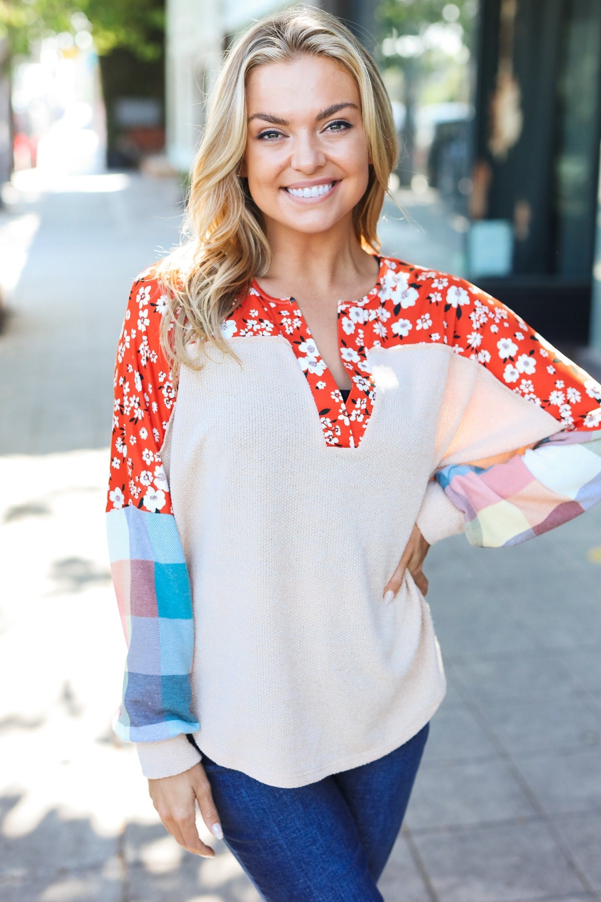 Rust & Oatmeal Plaid Floral Color Block Top -SALE-