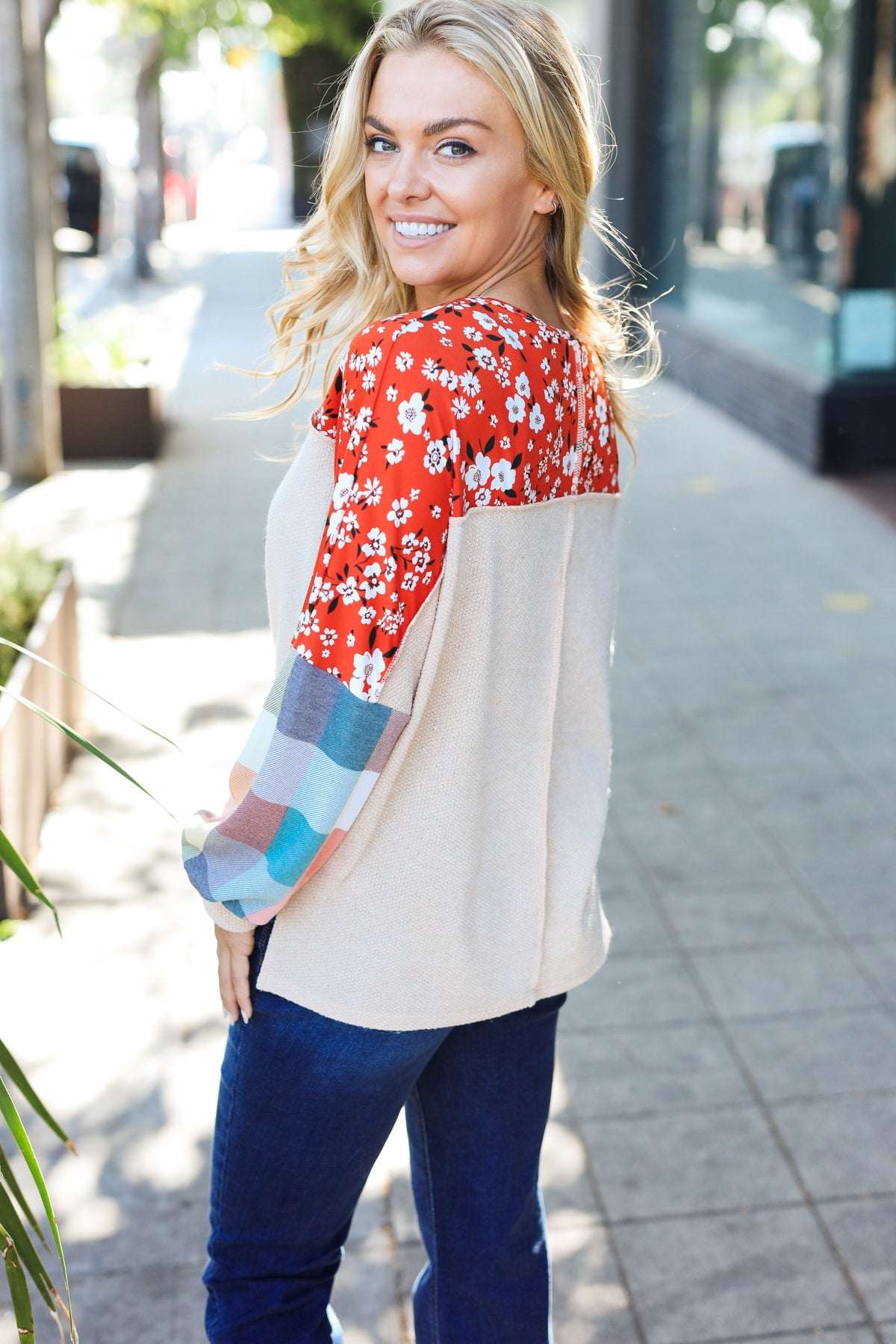 Rust & Oatmeal Plaid Floral Color Block Top -SALE-