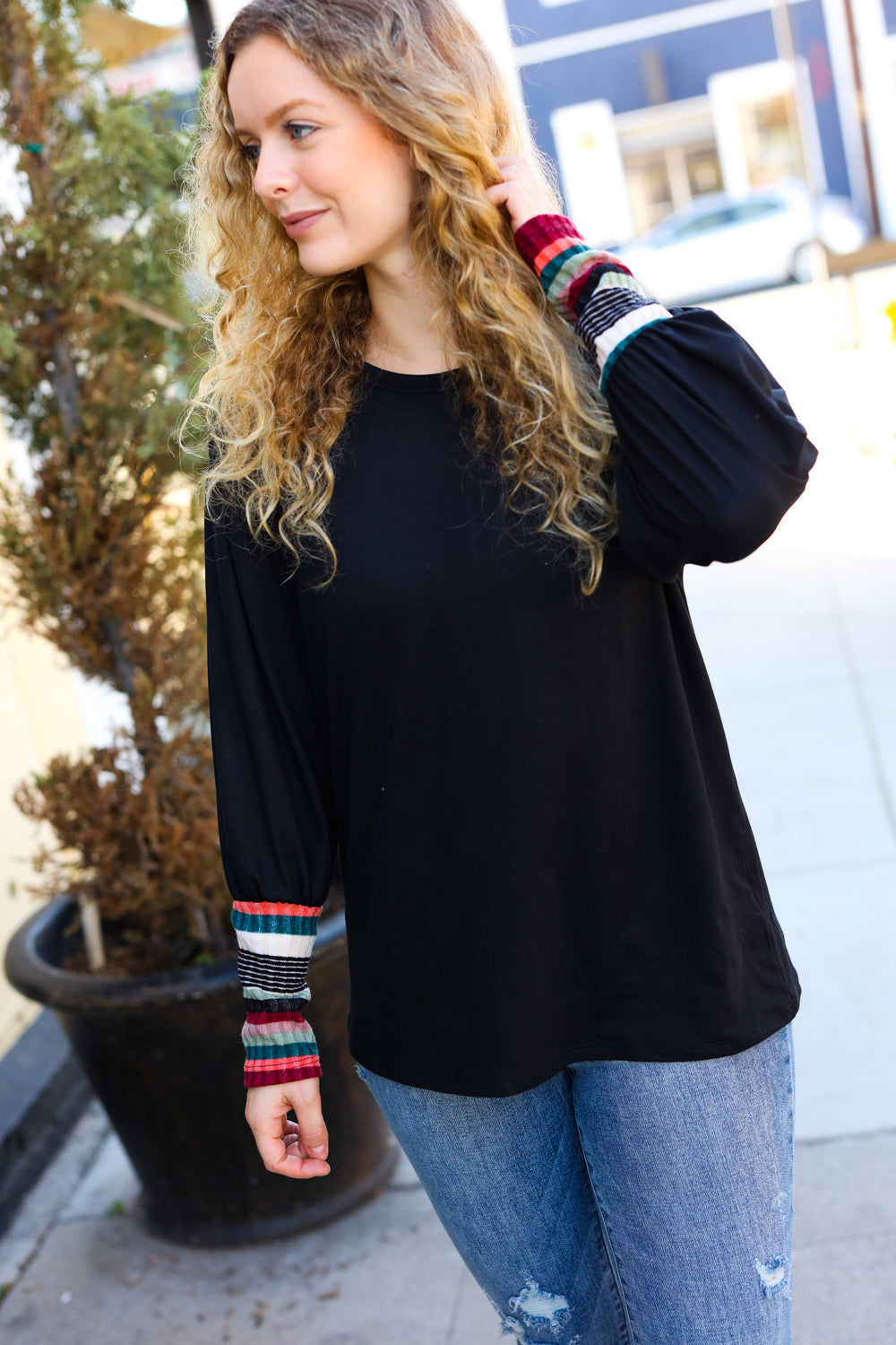 Black Multicolor Stripe Banded Puff Sleeve Top -SALE-