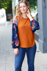 On Your Way Rust & Navy Floral Textured Hacci Top