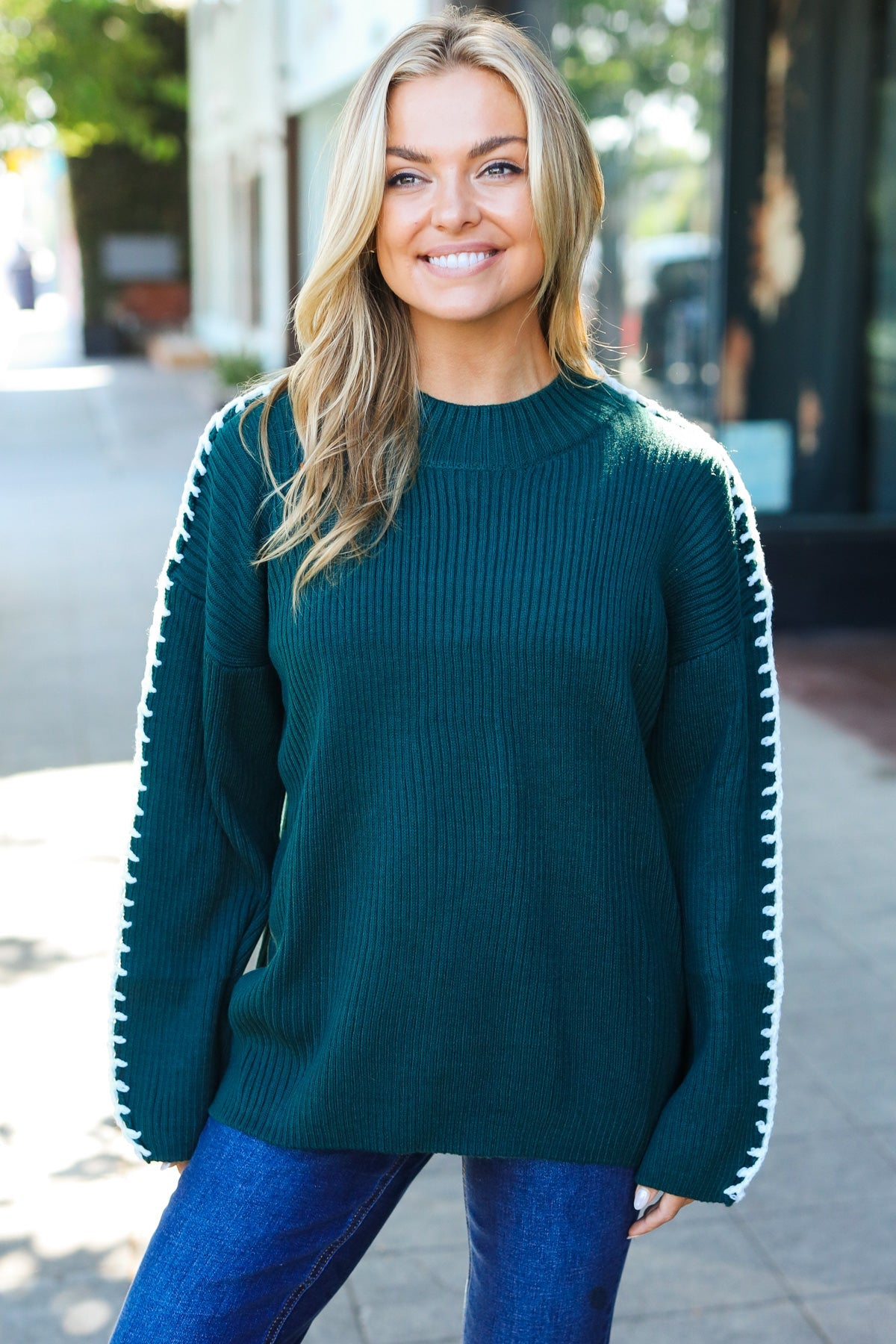 Chunky Knit Hunter Green Rib Knit Stitch Detail Oversized Sweater