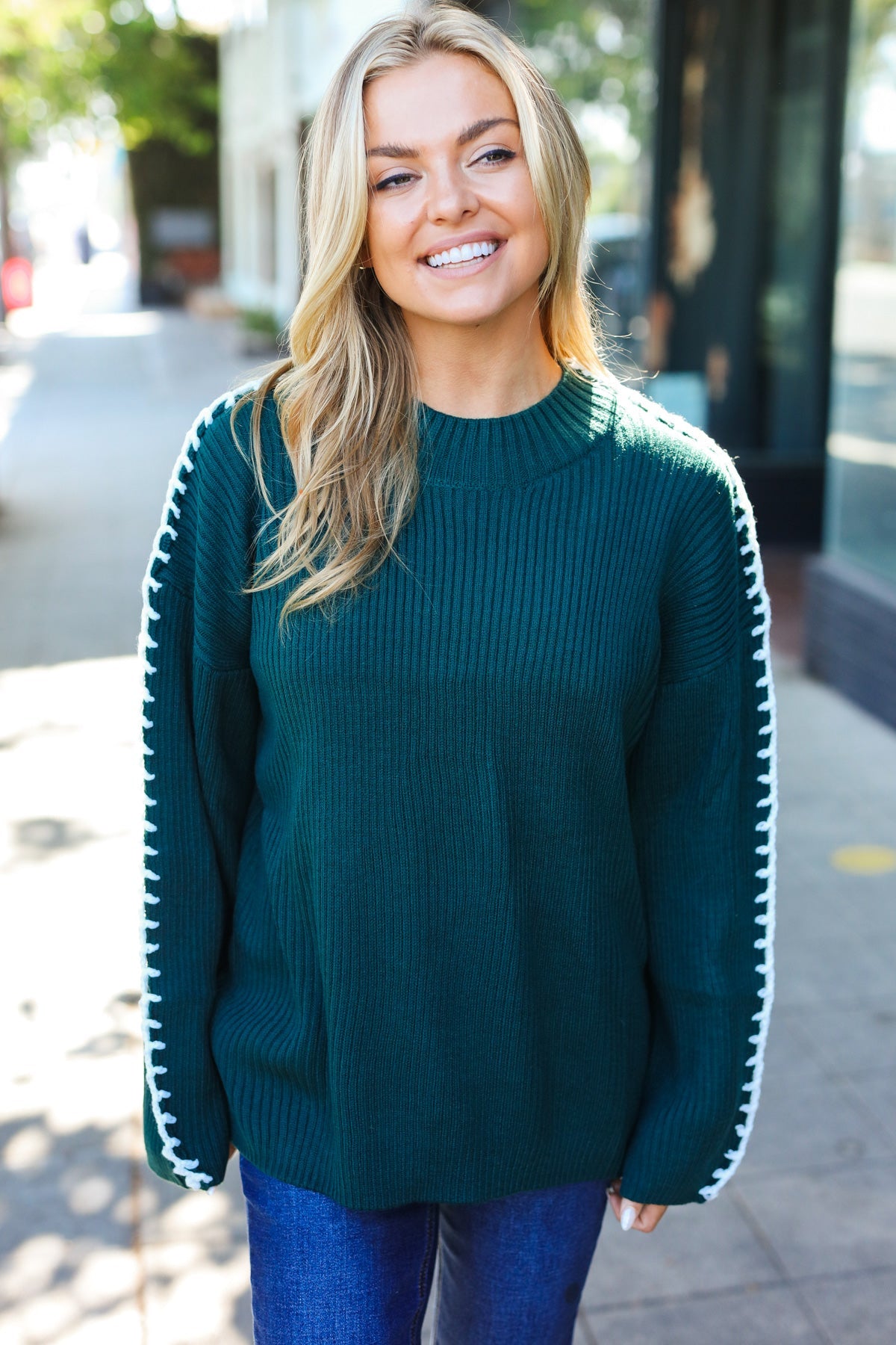 Chunky Knit Hunter Green Rib Knit Stitch Detail Oversized Sweater