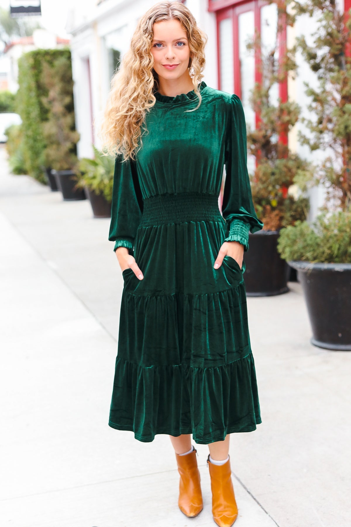 Holiday Dreaming Pine Green Velvet Mock Neck Smocked Waist Dress