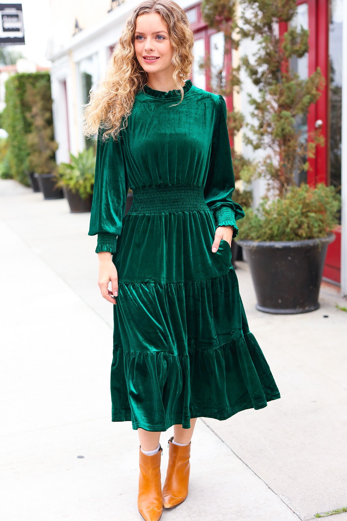 Holiday Dreaming Pine Green Velvet Mock Neck Smocked Waist Dress