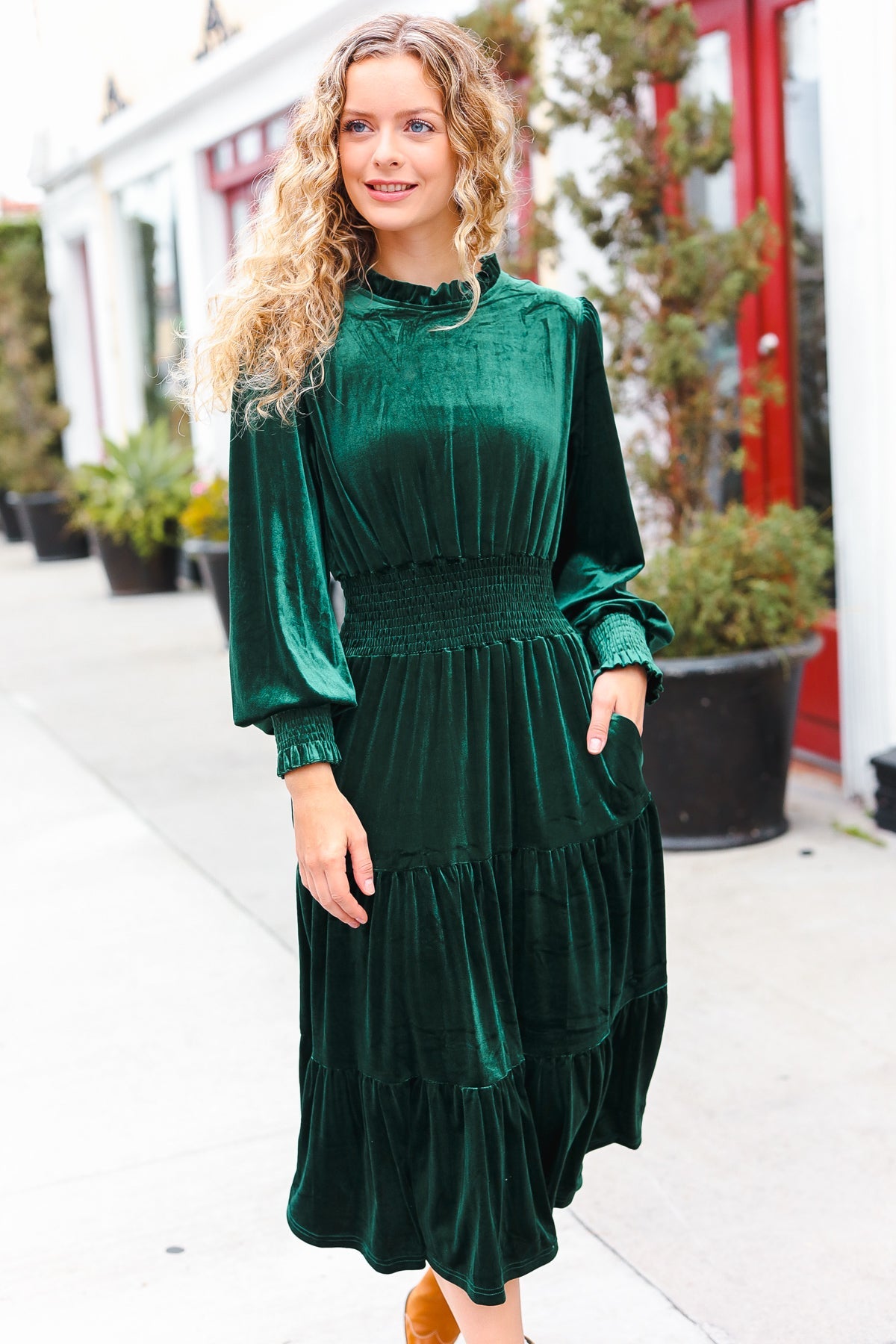 Holiday Dreaming Pine Green Velvet Mock Neck Smocked Waist Dress