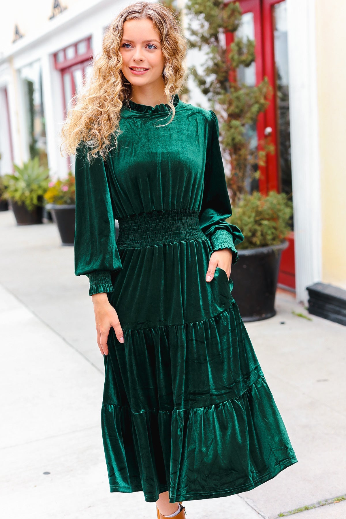 Holiday Dreaming Pine Green Velvet Mock Neck Smocked Waist Dress