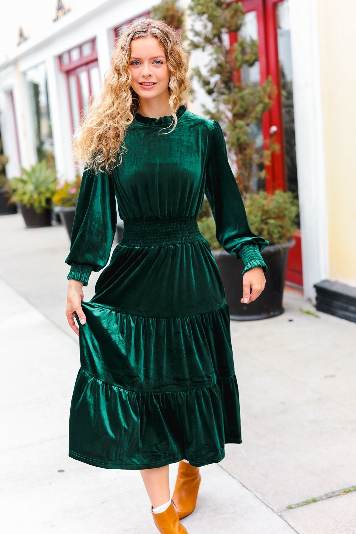 Holiday Dreaming Pine Green Velvet Mock Neck Smocked Waist Dress