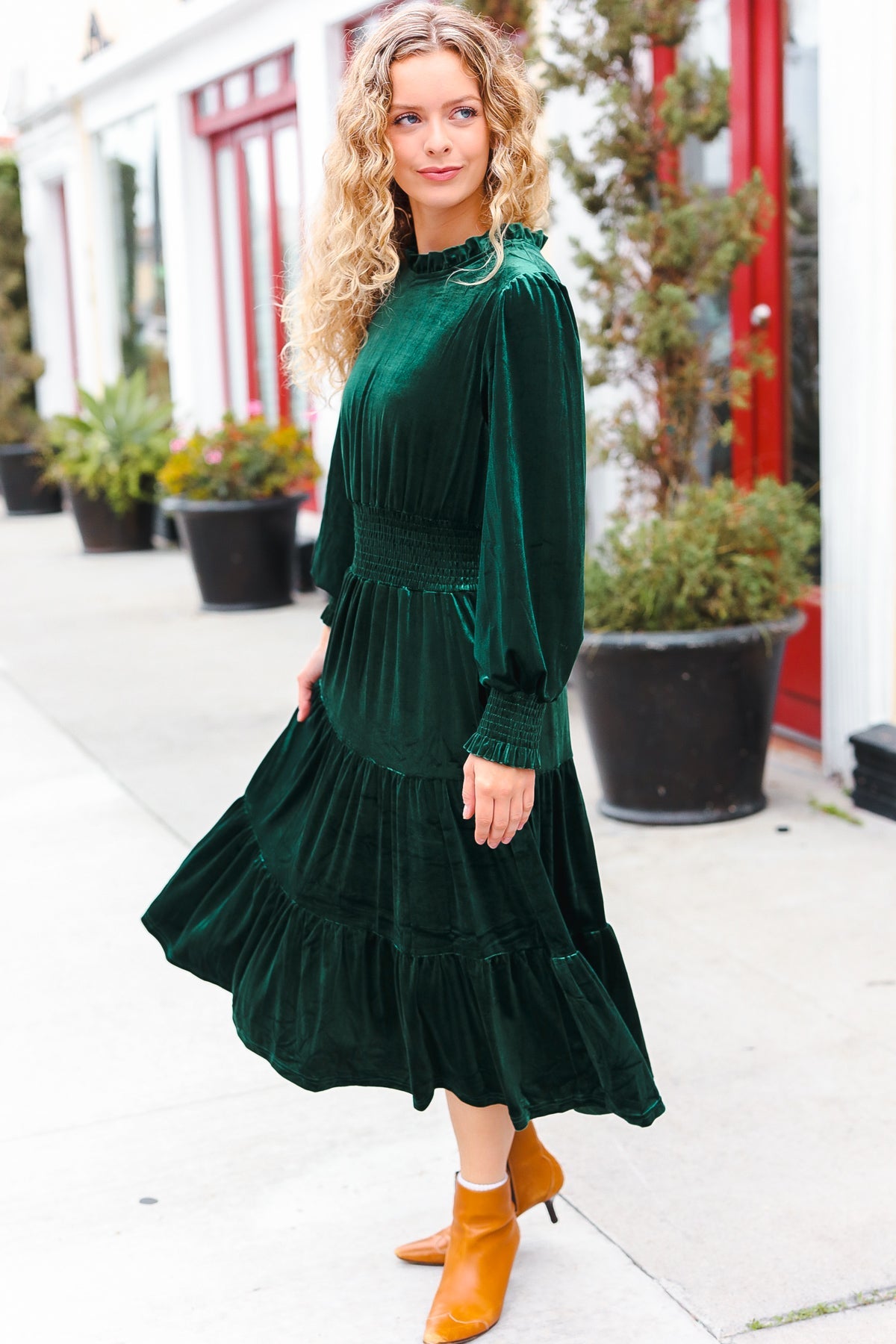 Holiday Dreaming Pine Green Velvet Mock Neck Smocked Waist Dress