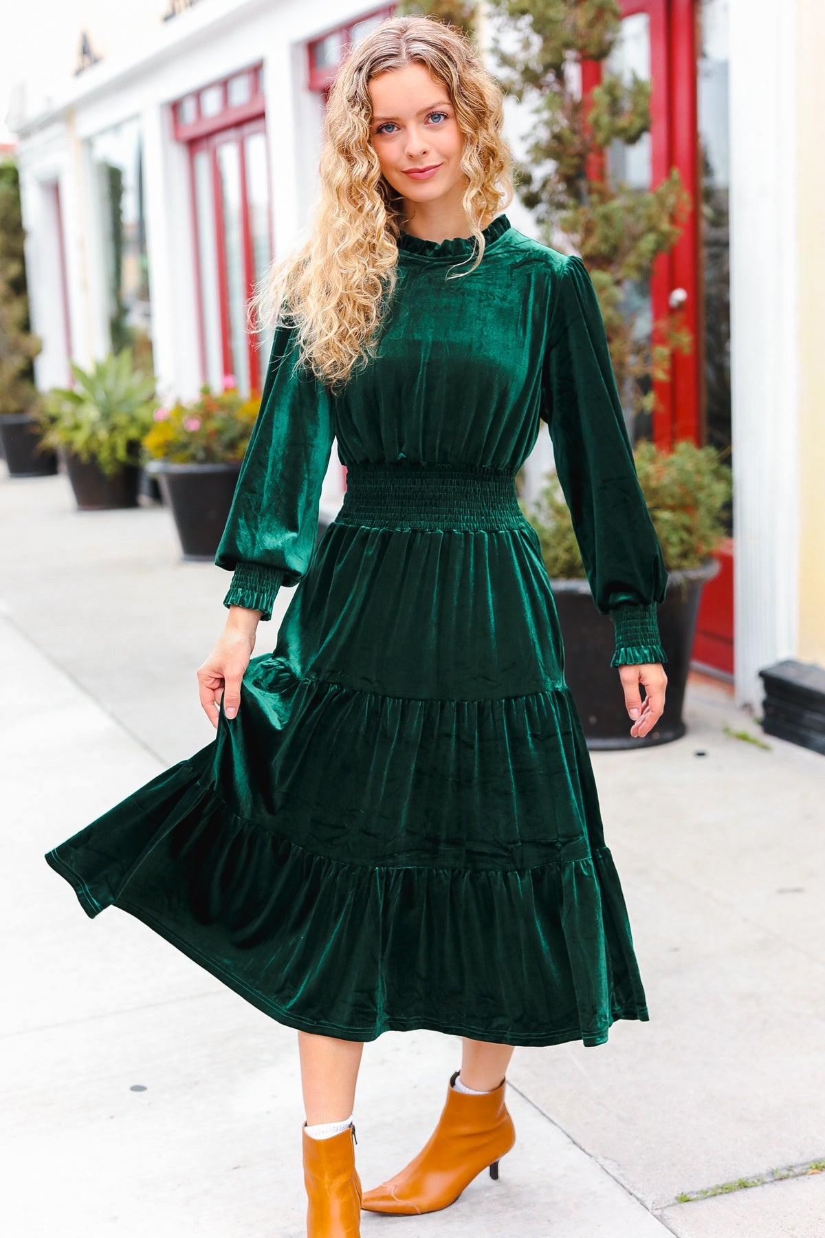 Holiday Dreaming Pine Green Velvet Mock Neck Smocked Waist Dress