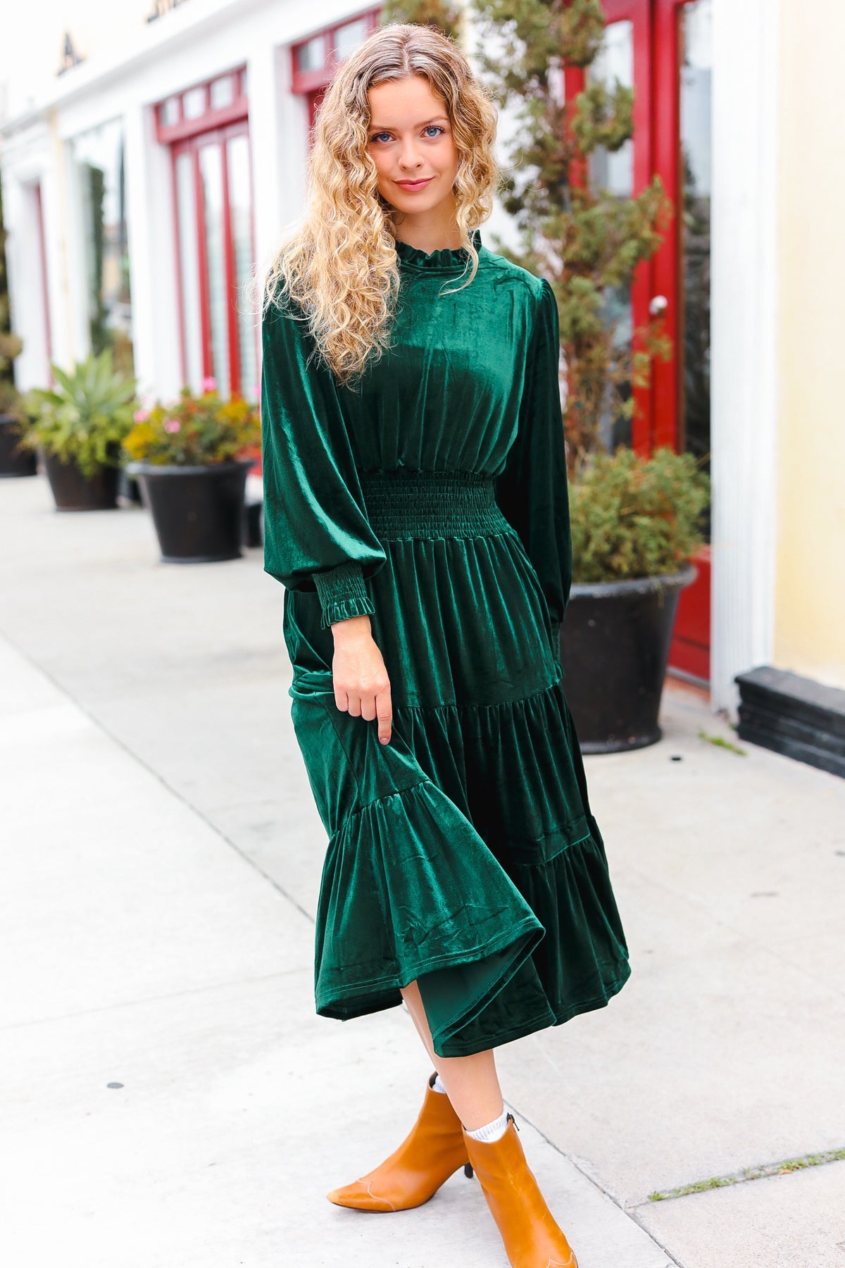 Holiday Dreaming Pine Green Velvet Mock Neck Smocked Waist Dress