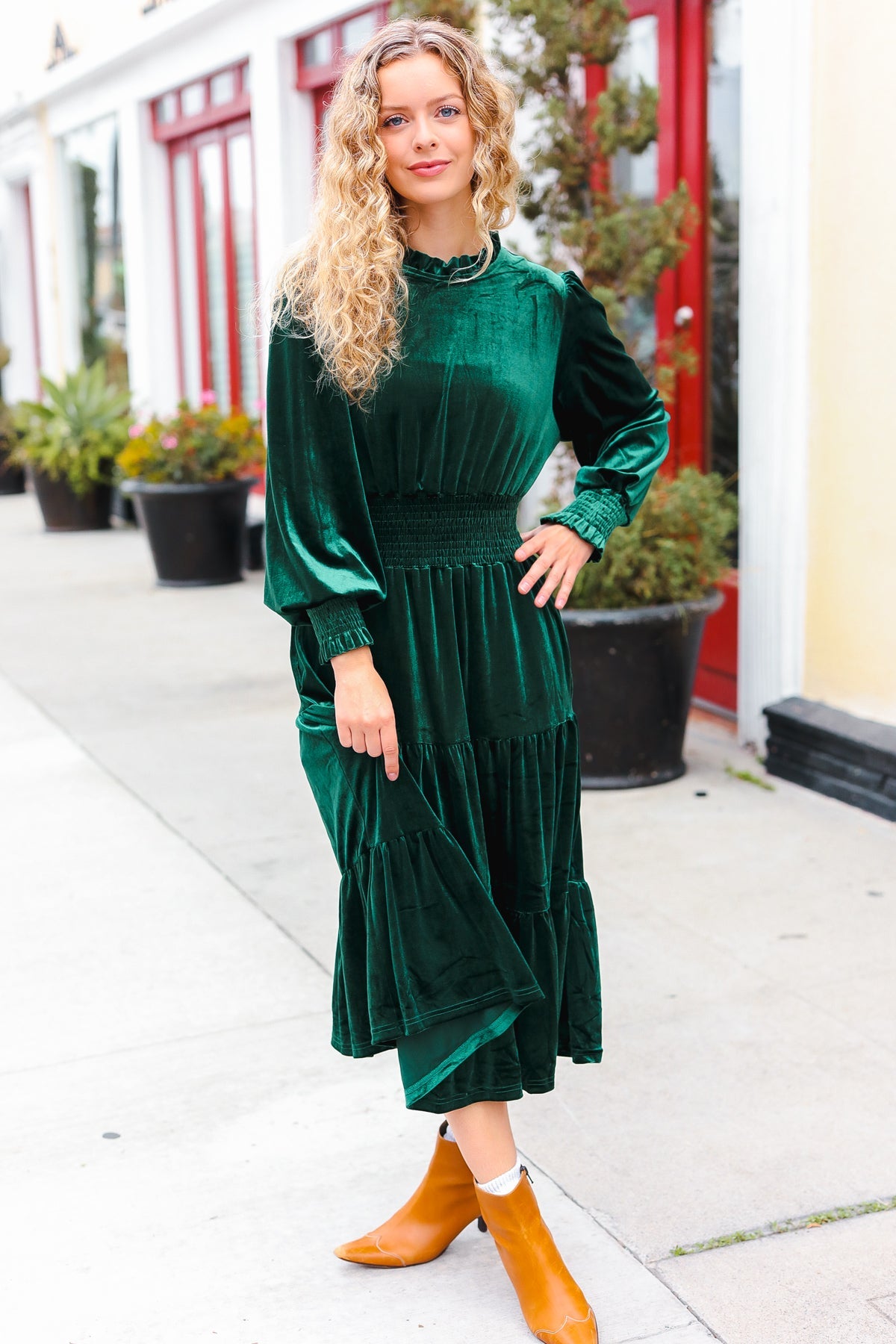 Holiday Dreaming Pine Green Velvet Mock Neck Smocked Waist Dress