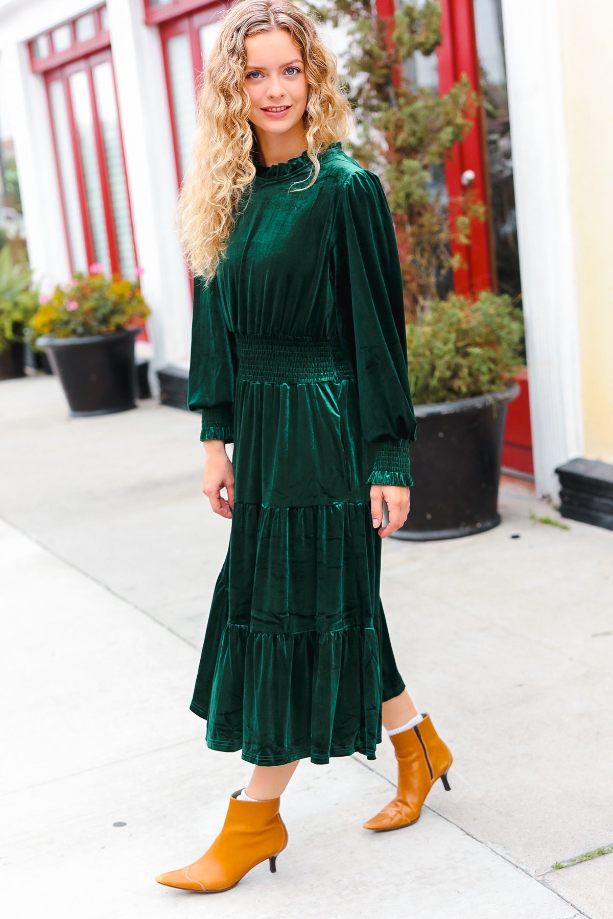 Holiday Dreaming Pine Green Velvet Mock Neck Smocked Waist Dress