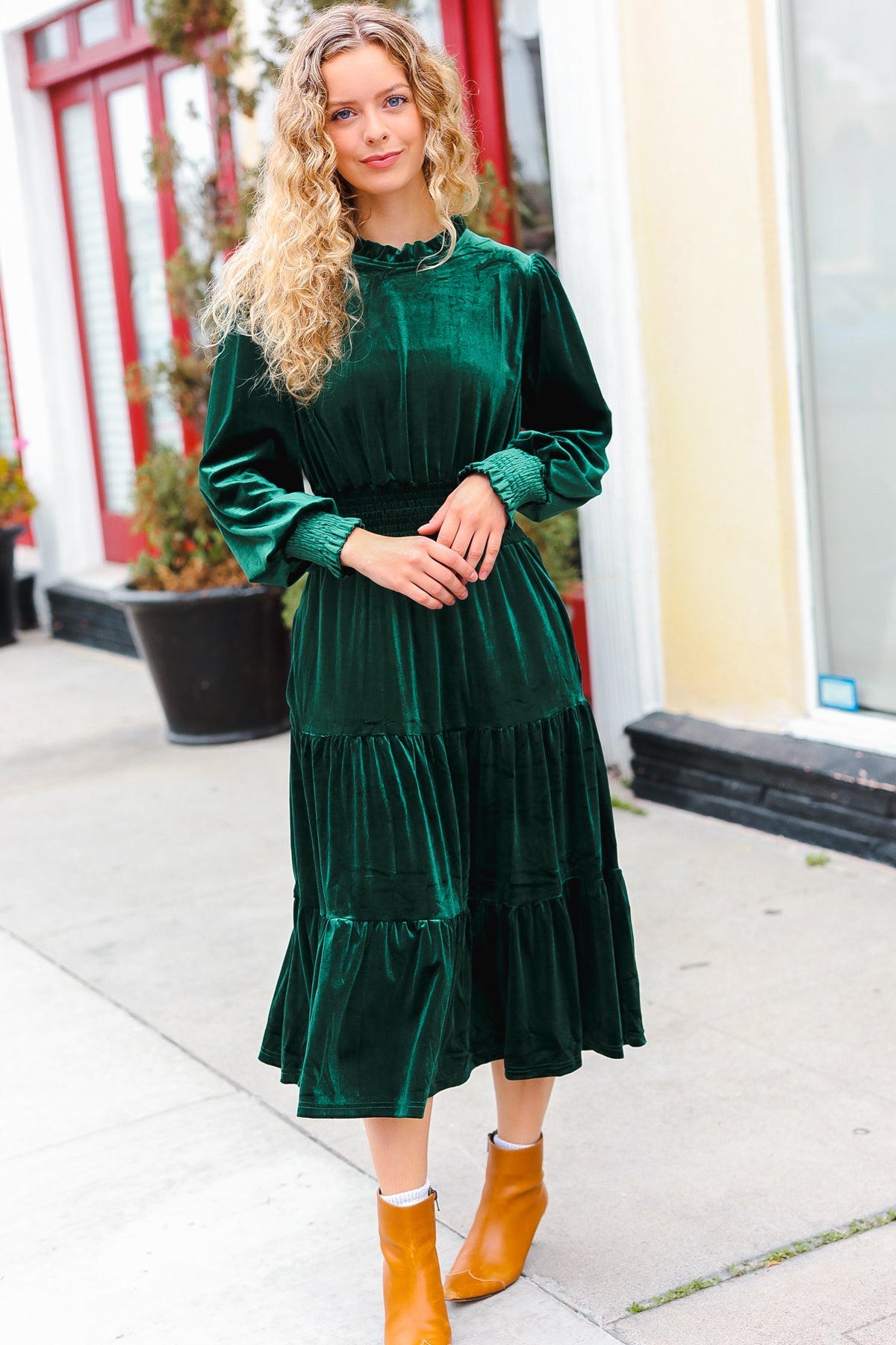 Holiday Dreaming Pine Green Velvet Mock Neck Smocked Waist Dress