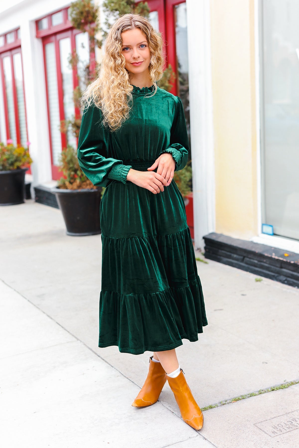 Holiday Dreaming Pine Green Velvet Mock Neck Smocked Waist Dress