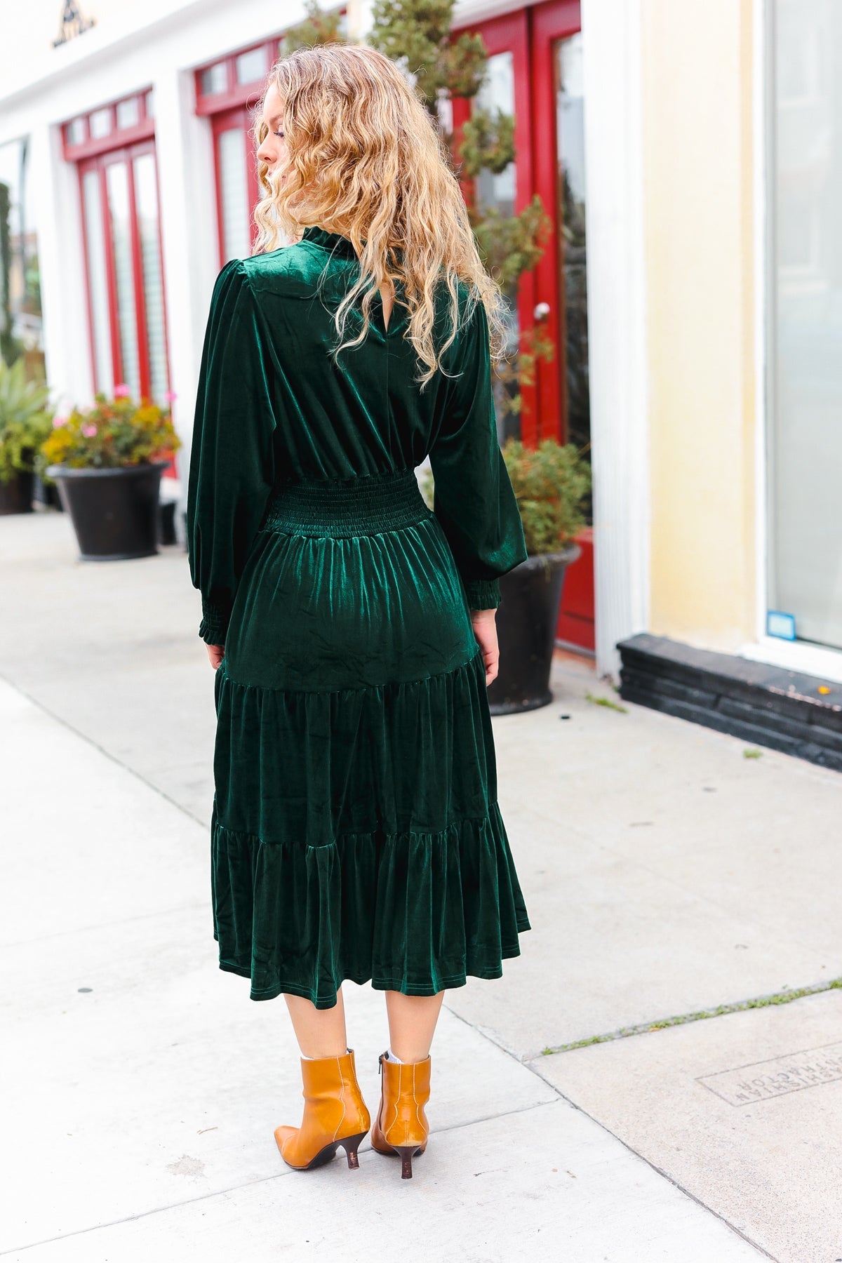 Holiday Dreaming Pine Green Velvet Mock Neck Smocked Waist Dress