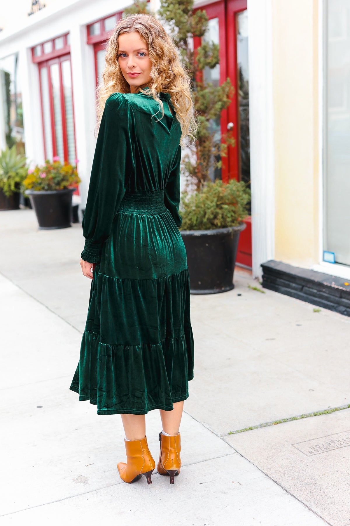 Holiday Dreaming Pine Green Velvet Mock Neck Smocked Waist Dress