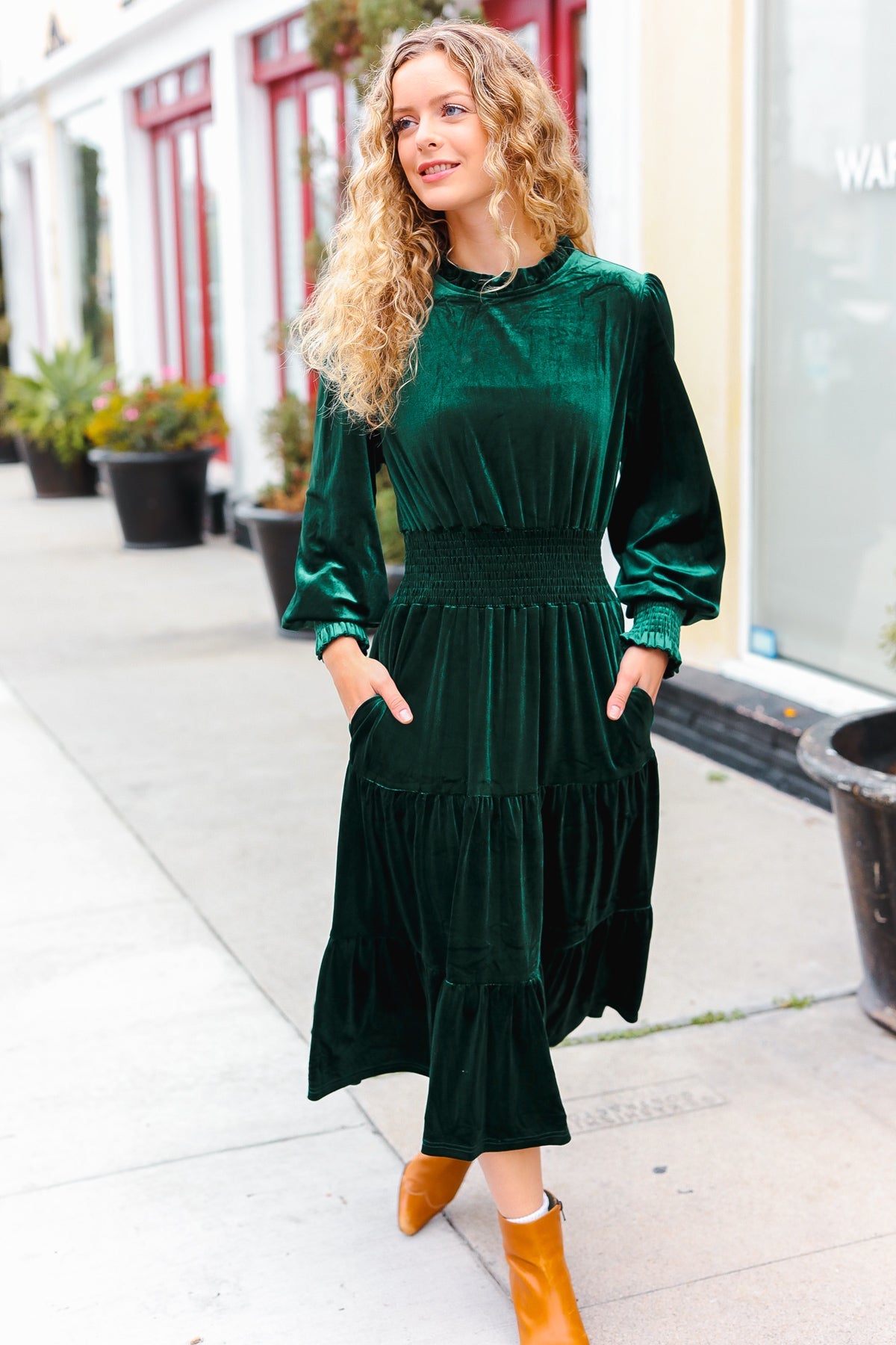 Holiday Dreaming Pine Green Velvet Mock Neck Smocked Waist Dress