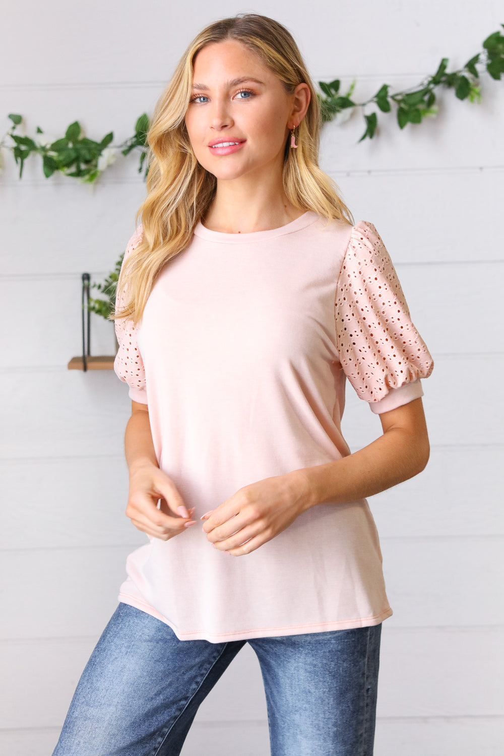 Peach Eyelet Puff Sleeve French Terry Top