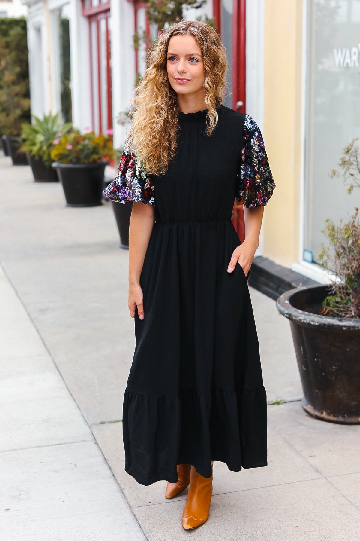 Black Floral Sequin Swift Puff Sleeve Mock Neck Tiered Maxi Dress