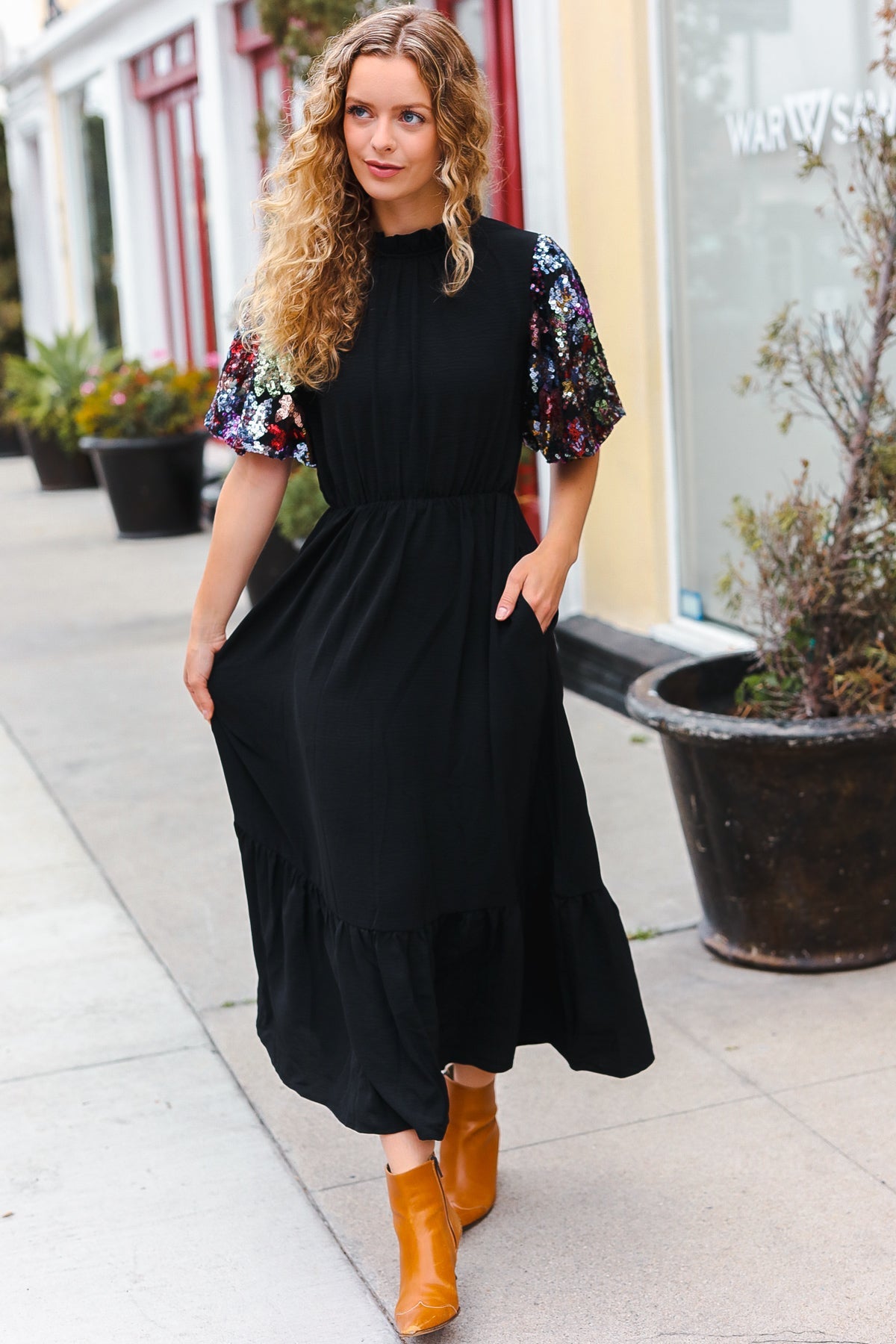 Black Floral Sequin Swift Puff Sleeve Mock Neck Tiered Maxi Dress