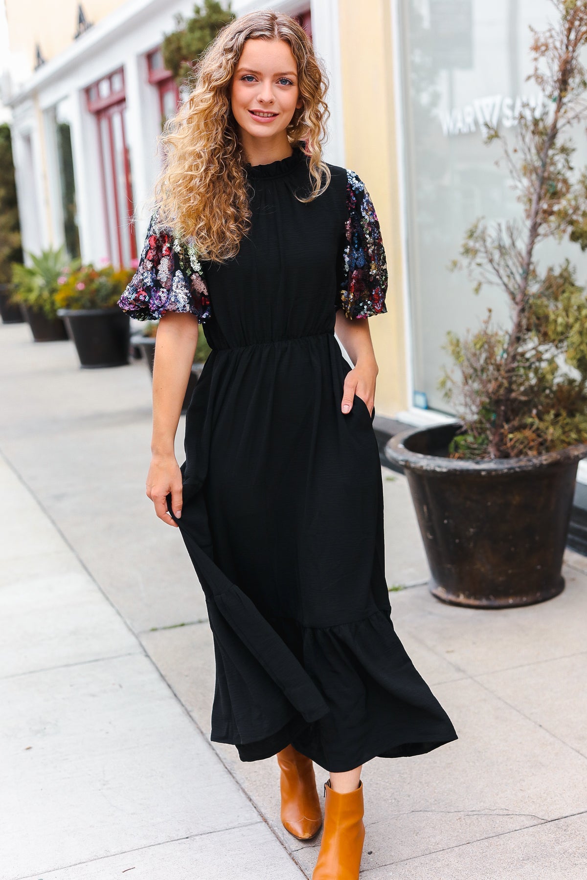 Black Floral Sequin Swift Puff Sleeve Mock Neck Tiered Maxi Dress