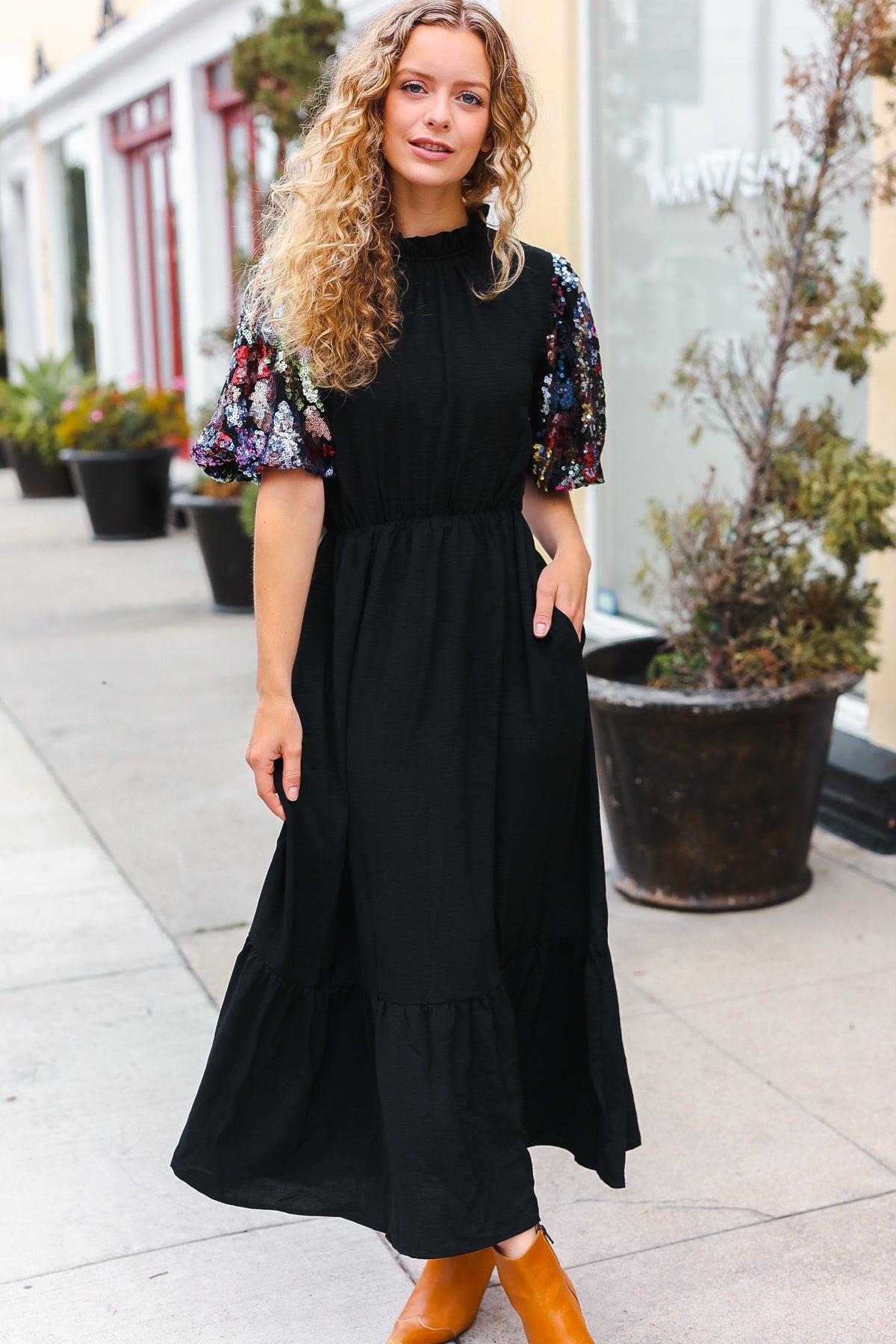 Black Floral Sequin Swift Puff Sleeve Mock Neck Tiered Maxi Dress