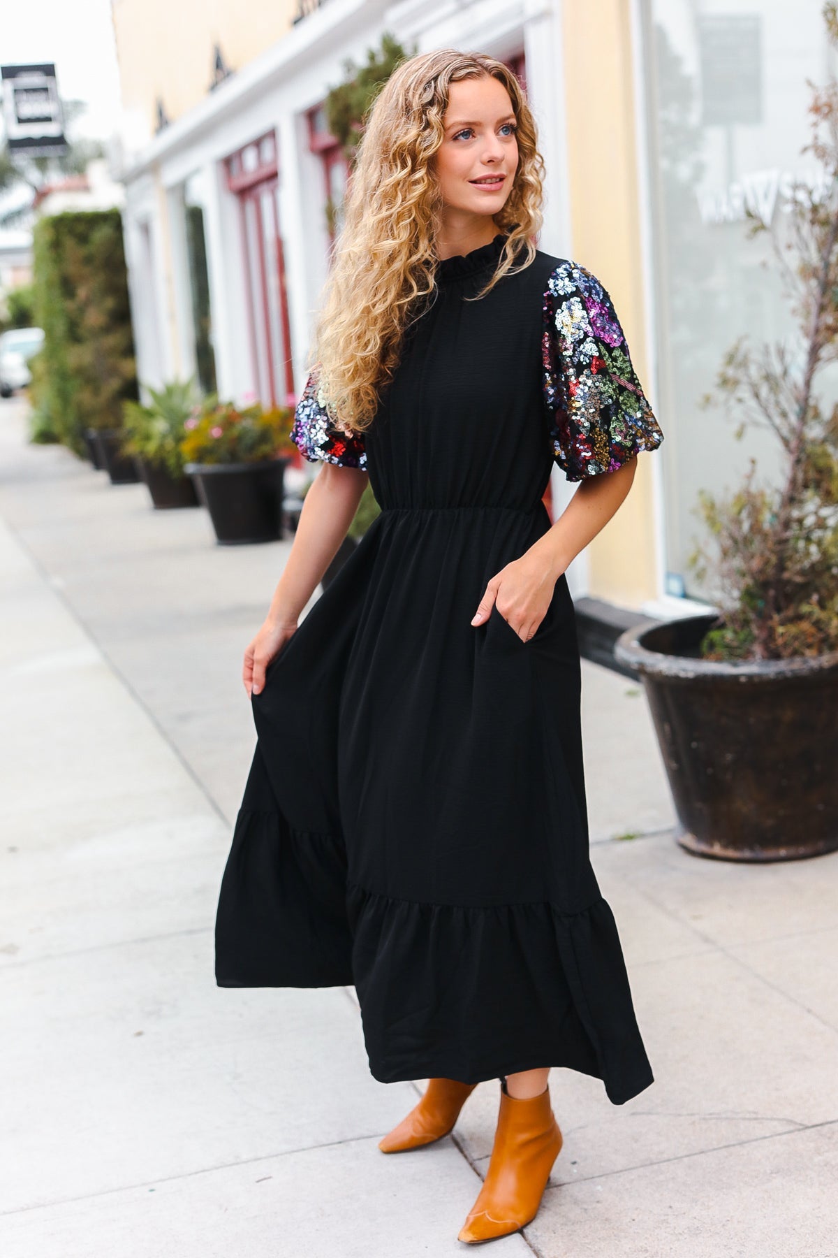 Black Floral Sequin Swift Puff Sleeve Mock Neck Tiered Maxi Dress