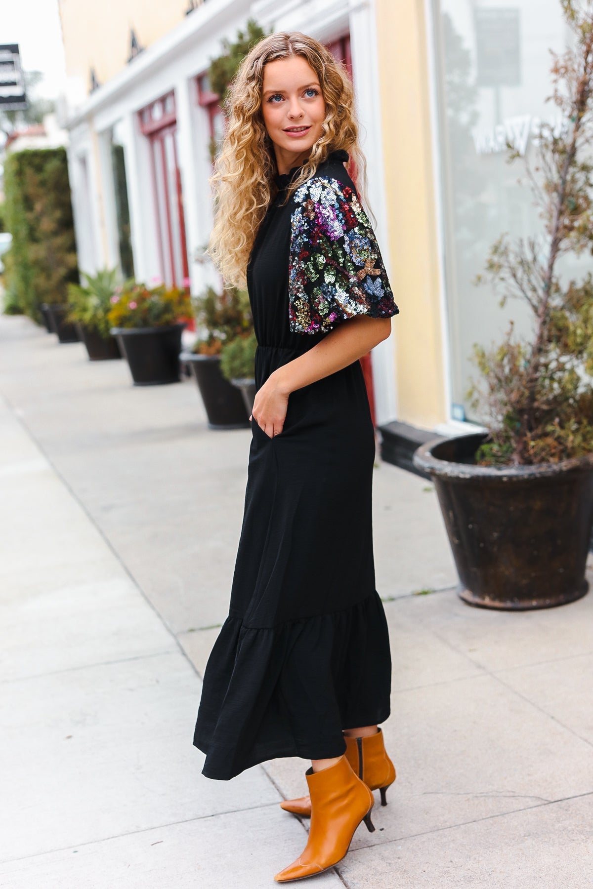 Black Floral Sequin Swift Puff Sleeve Mock Neck Tiered Maxi Dress